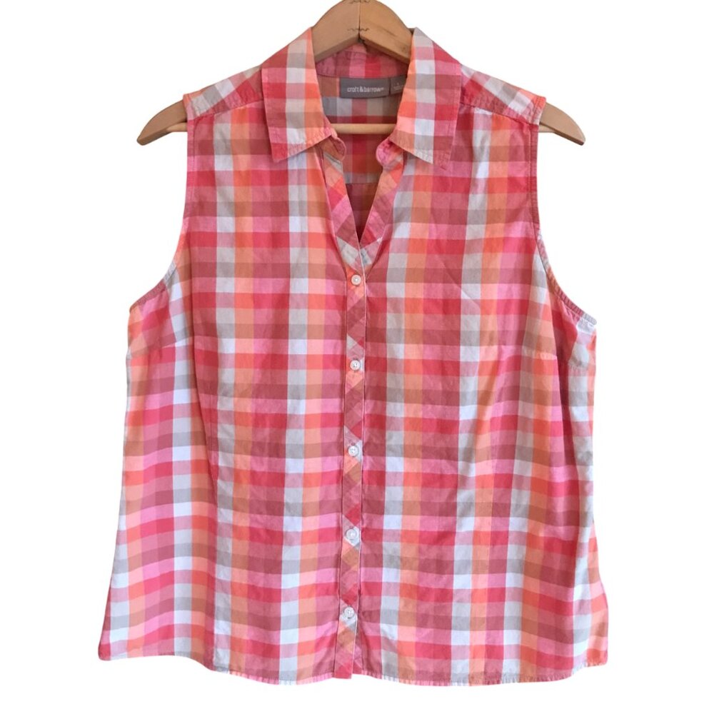 Croft & Barrow Sleeveless Top Coral Yellow Plaid Cottagecore Summer Outdoors L